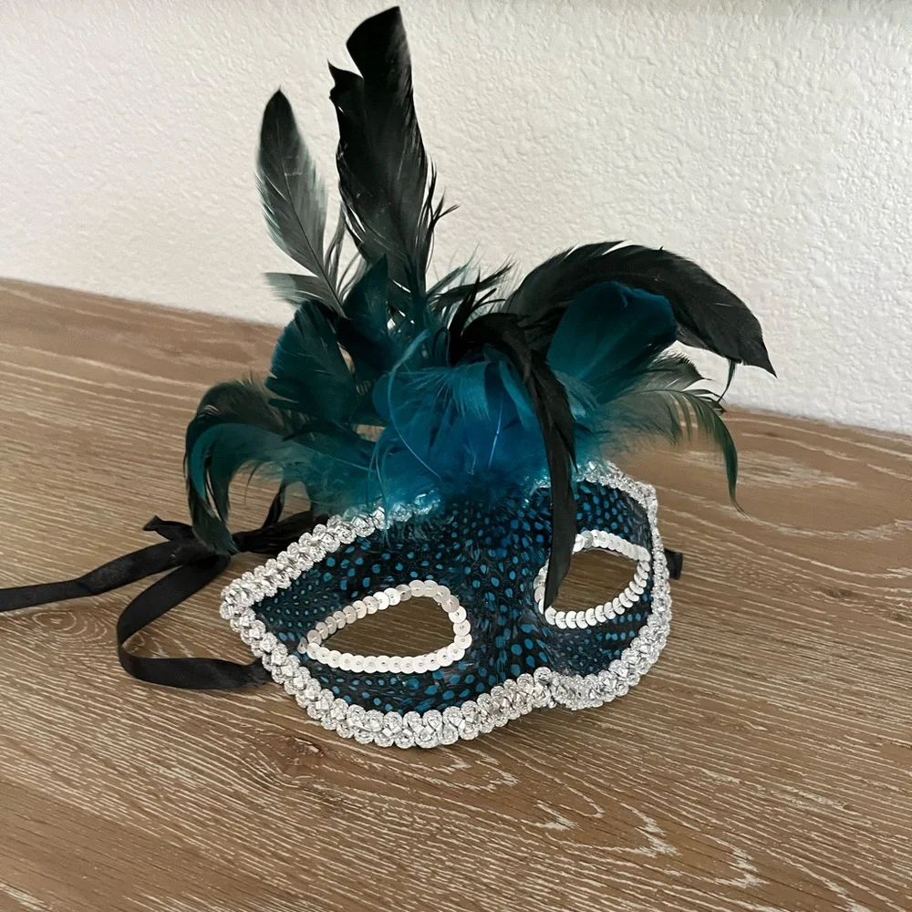 Decorative Masquerade Mask in blues and black and feathers